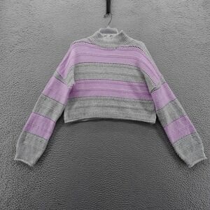 NYC Knits Womens Purple Stripe Mock Neck Cropped Sweater Pullover Large NEW